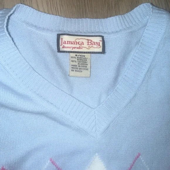 Y2K preppy soft girl Sky Blue V-Neck Sweater with Pink & White Argyle - Picture 3 of 7